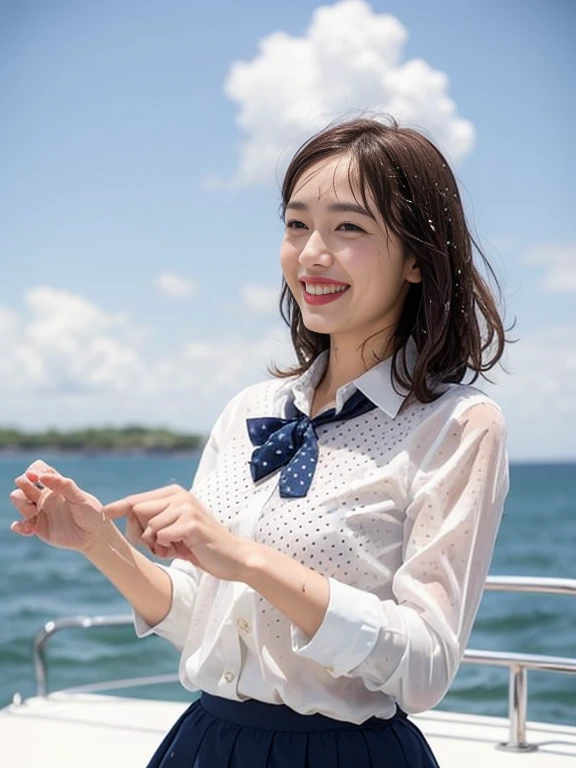 Gray background、pubic hair、Large Breasts、Thighs、Red lipstick、Cute woman、high school girl、White shirt、(Navy blue skirt)、smile、Open chest shirt、(A polka dot shirt that was wet and showed her underwear)、Wet Hair、Gazing at the sea、smile、On the boat、Raising his arms、Looking from below、Cloud、