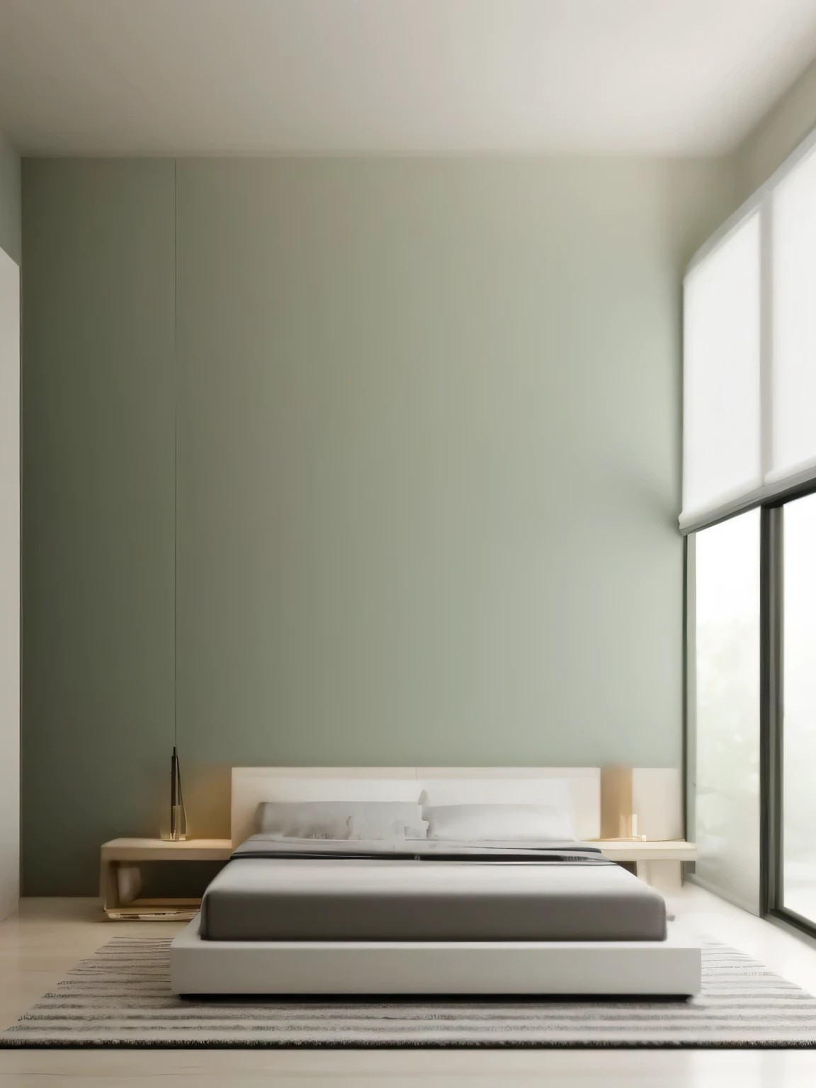 "Design a modern bedroom interior with white walls paired with sage green, industrial wood furniture, large windows, and evening LED lighting."