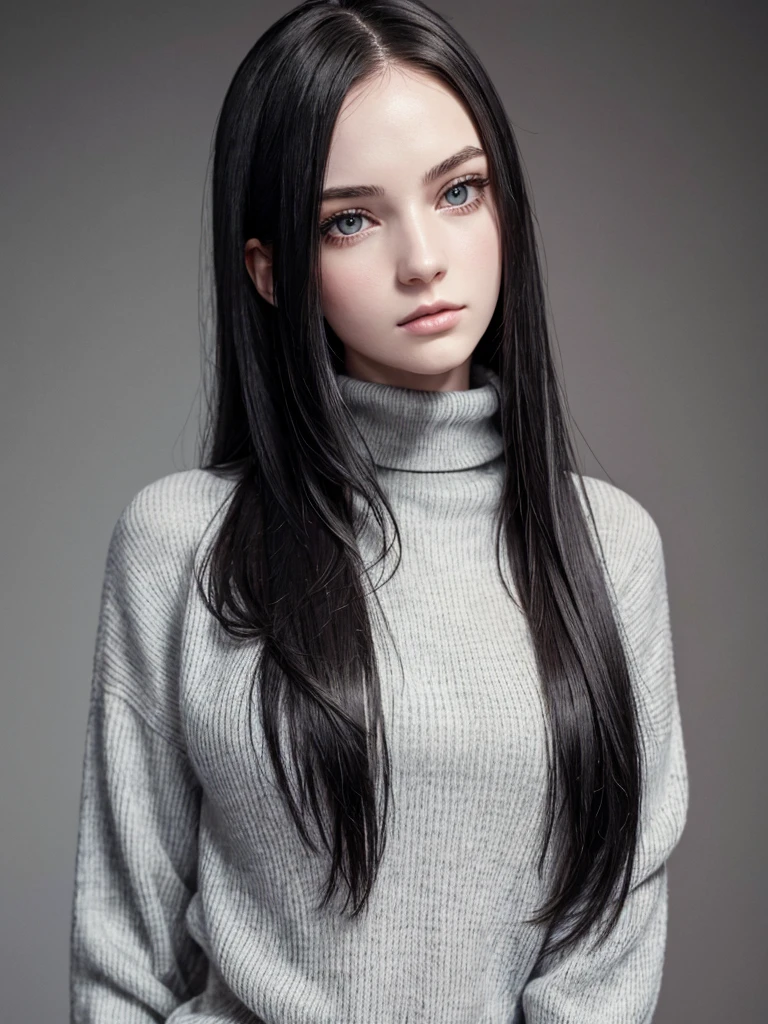 (best quality), 1girl, female, pale skin, (black hair), long hair, straight hair, grey eyes, perfect eyes, turtleneck sweater, stylish, elegant, serious, masterpiece, anatomically correct, highres