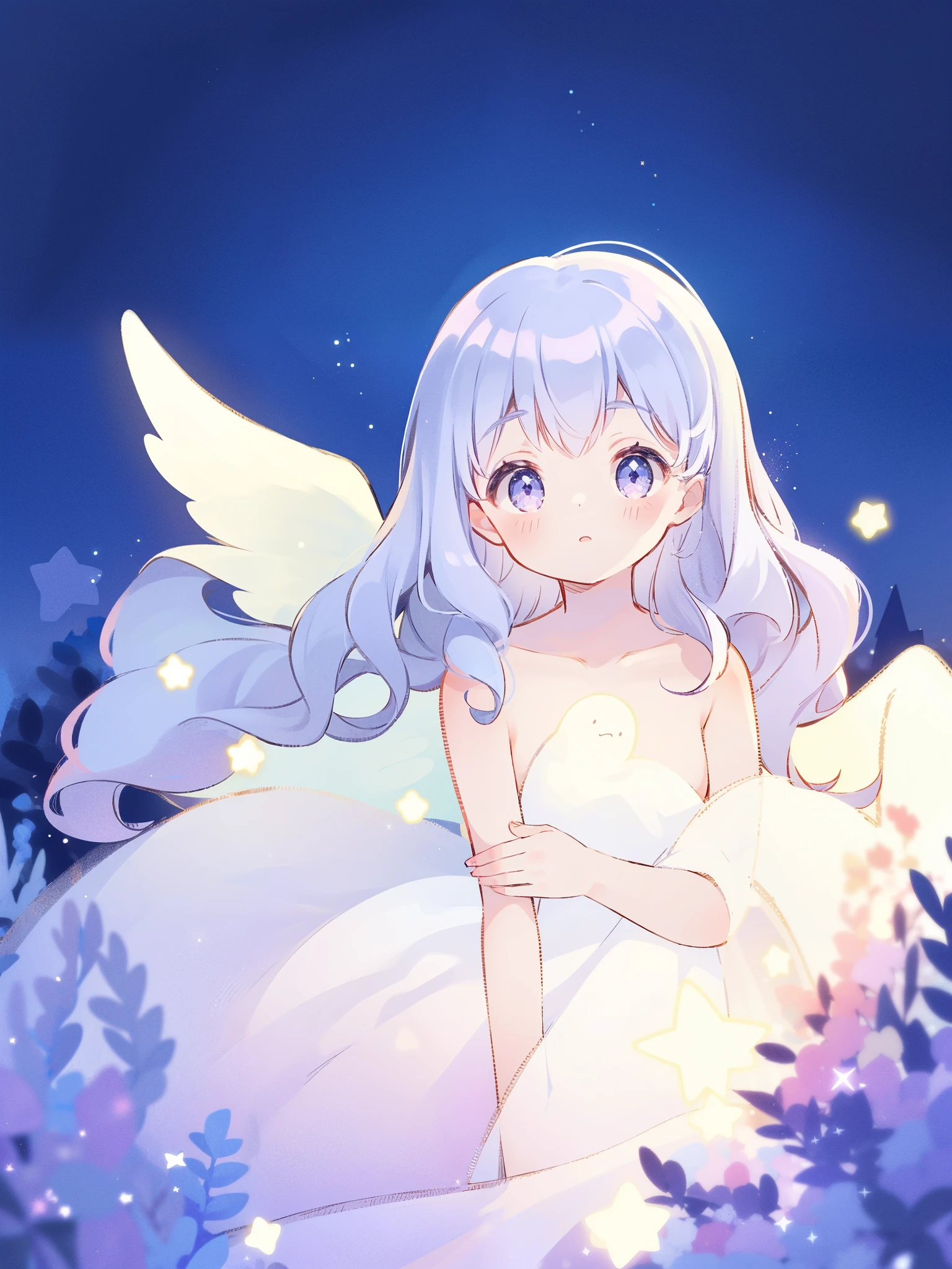 nude angel girl wearing an ethereal translucent dress, pale skin, ((wavy gradient blue purple hair)), magical dream flower garden, angel wings, sparkling detailed eyes, golden ratio face, perfect composition, highly detailed, ethereal, (starry night sky background), midjourney style