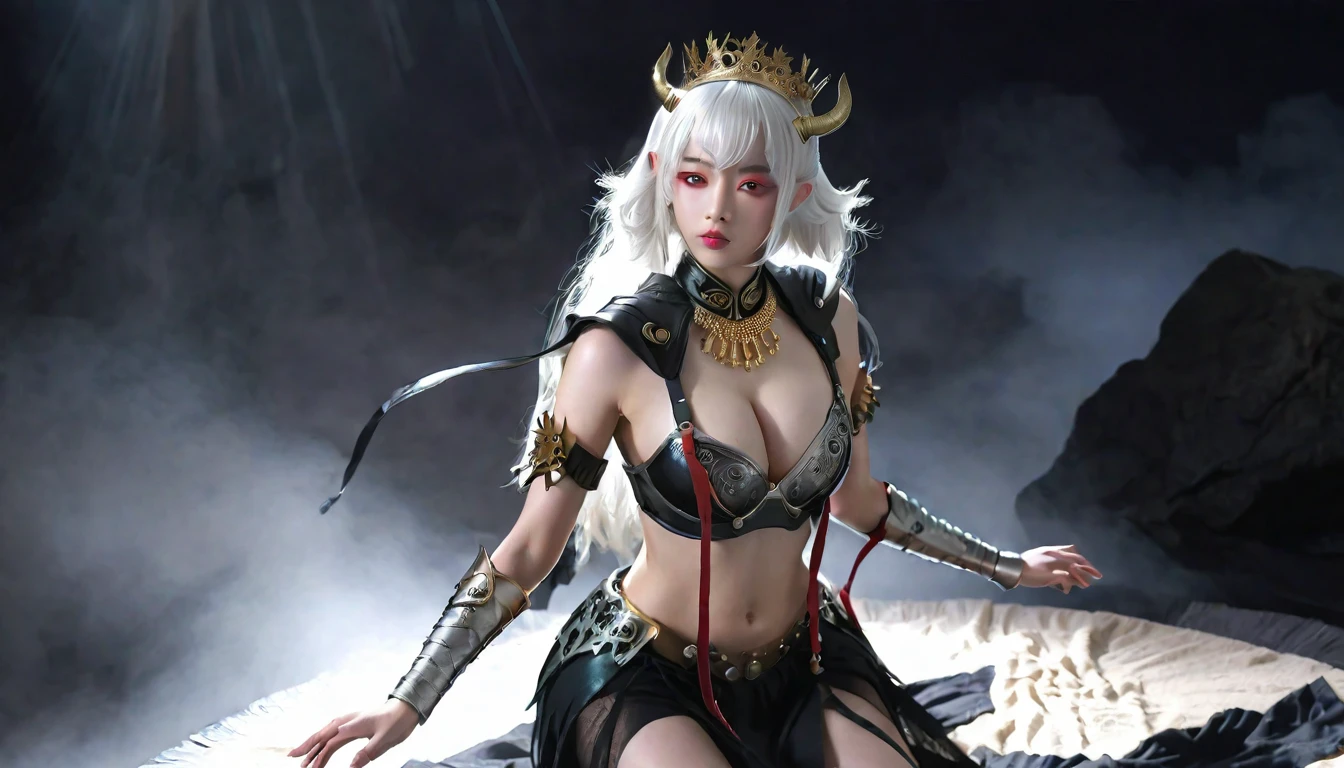 high quality,HD,16K,Sharp Line,1 Girl,fantasy, (Fire Spirits),Pretty Face, Large Breasts, Beautiful legs,In the mountains,Focus Girl,detailed Pretty Face,Detailed clothes,beautiful eyes,Cool,Sexy,Dynamic Angle,穿着华服的神明Strike a pose拍照, Ancient mysterious sexy goddess, Traditional beauty woman, Beautiful female warrior god of war , Beautiful sexy goddess, Gorgeous role-playing, high, Beautiful young girl, Beautiful woman, 华丽Beautiful woman, Complex clothing,Chinese Mystical Aesthetics, Beautiful Asian ancient mysterious girl, Extremely detailed shot of the goddess, Jaw-dropping sexy beauty, Big breasts deep neckline sexy belly button(butt), (bedroom), (Sexy Girls), masterpiece, best quality, Bangs, blush, Chest, clavicle, Eyebrows visible through hair, (Gradient red and gold hair), Jewelry, Long hair,Bright Eyes, ring, (solitary), illustration, fashionable, miss, Strike a pose, background, element, confident, Express, Accessories, majestic, striking, key point, Dynamic poses, ((plump)), (black))Woman in transparent dress,Viewer,(((Full breasts, Keeley University))),Slim waist,(Navel exposed,Bare waist), Long hair, extreme detailed details, 详细的fantasy艺术, Stunning character art, Beautiful and exquisite character art, Beautiful transparent dress, Very detailed, Large Breasts,Chest,Golden ratio figure,Beautiful figure,Ultra wide-angle shooting,Full body shot拍摄,Body close-up,Full body shot,Wearing a pleated tulle skirt,柔和动漫illustration, 柔和的深色background,Fujifilm XT3 Clear focus, f 5.6, High Detail, Clear focus,(Wearing openwork clothing),, (Natural light), (Tempting)translucent, Good velvet quality, Compared, Divine Light,, Silver hair, 天空background, Absolute Strength,Female Shinmei,穿着性感丝绸的Female Shinmei,,Large Breasts,Chest,Golden ratio figure,Beautiful figure,Ultra wide-angle shooting,Full body shot,Body close-up,Full body shot, Wearing a tulle dress, Model shooting style, Large Breasts,饱满Chest,Golden ratio figure,Beautiful figure,(Extremely detailed CG 8k wallpaper unit), The most beautiful artistic photos in the world, , 8K 超HD, ) on the beach,Sexy lazy posture,Sexy seductive expression,best quality,masterpiece,Ultra-high resolution,(Practical:1.4),original photo,Ultra-high resolution