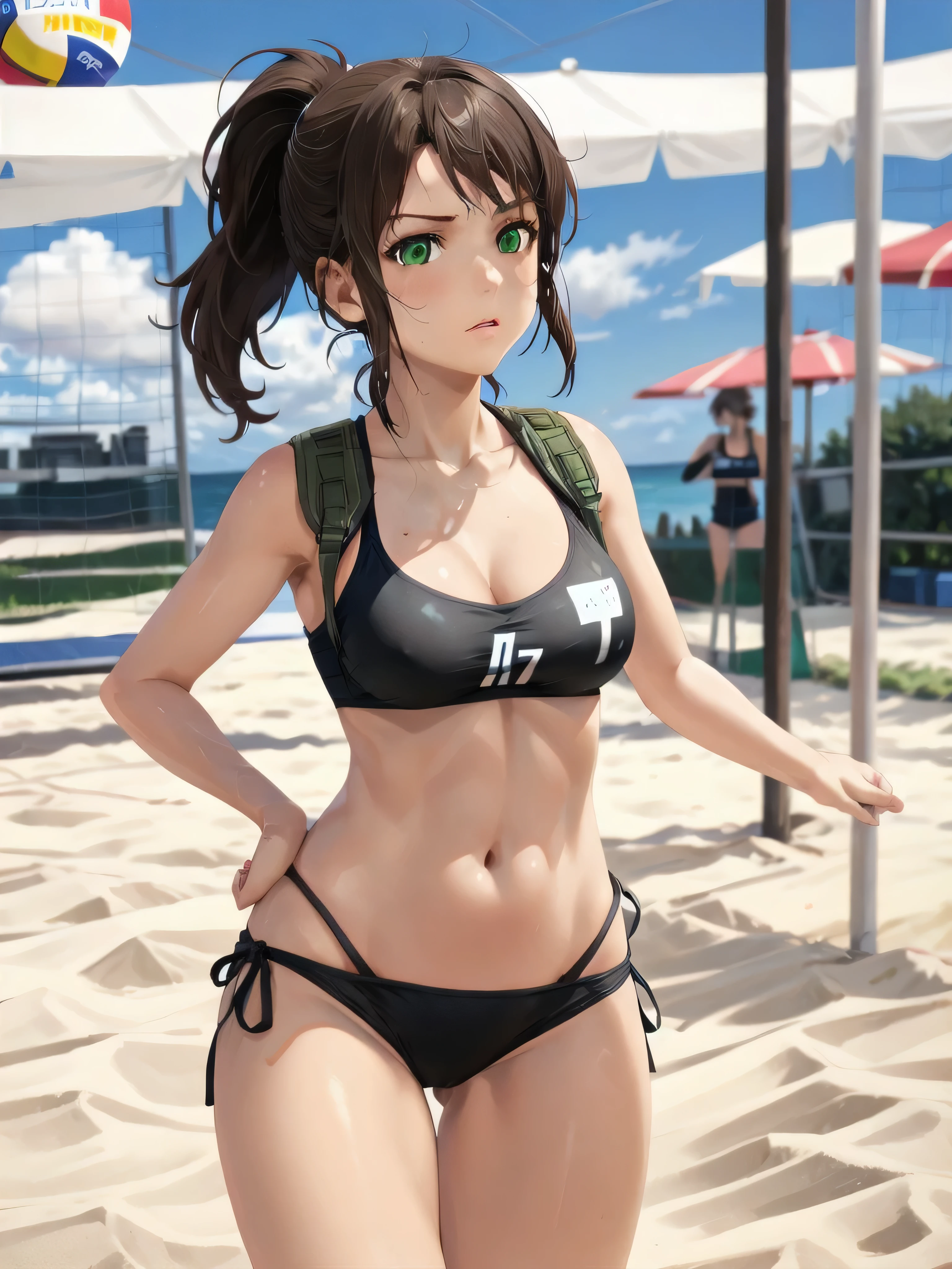 quietmetalgear, ponytail, wide hips, thighs, solo girl, beach_volley, brown hair, ponytail, green eyes, long hair, top