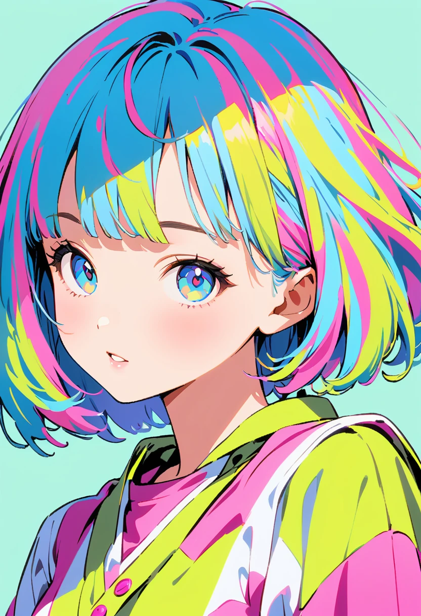 (Highest quality:1.2, City Pop Style, Very detailed, Latest, Vibrant, High Contrast, masterpiece:1.2, Highest quality, Best aesthetics), girl, ((Face Up Shot:1.4)), Colorful Hair, Bobcut, pastel colour, 1980s style, ((Retro, Vintage, Plain background))