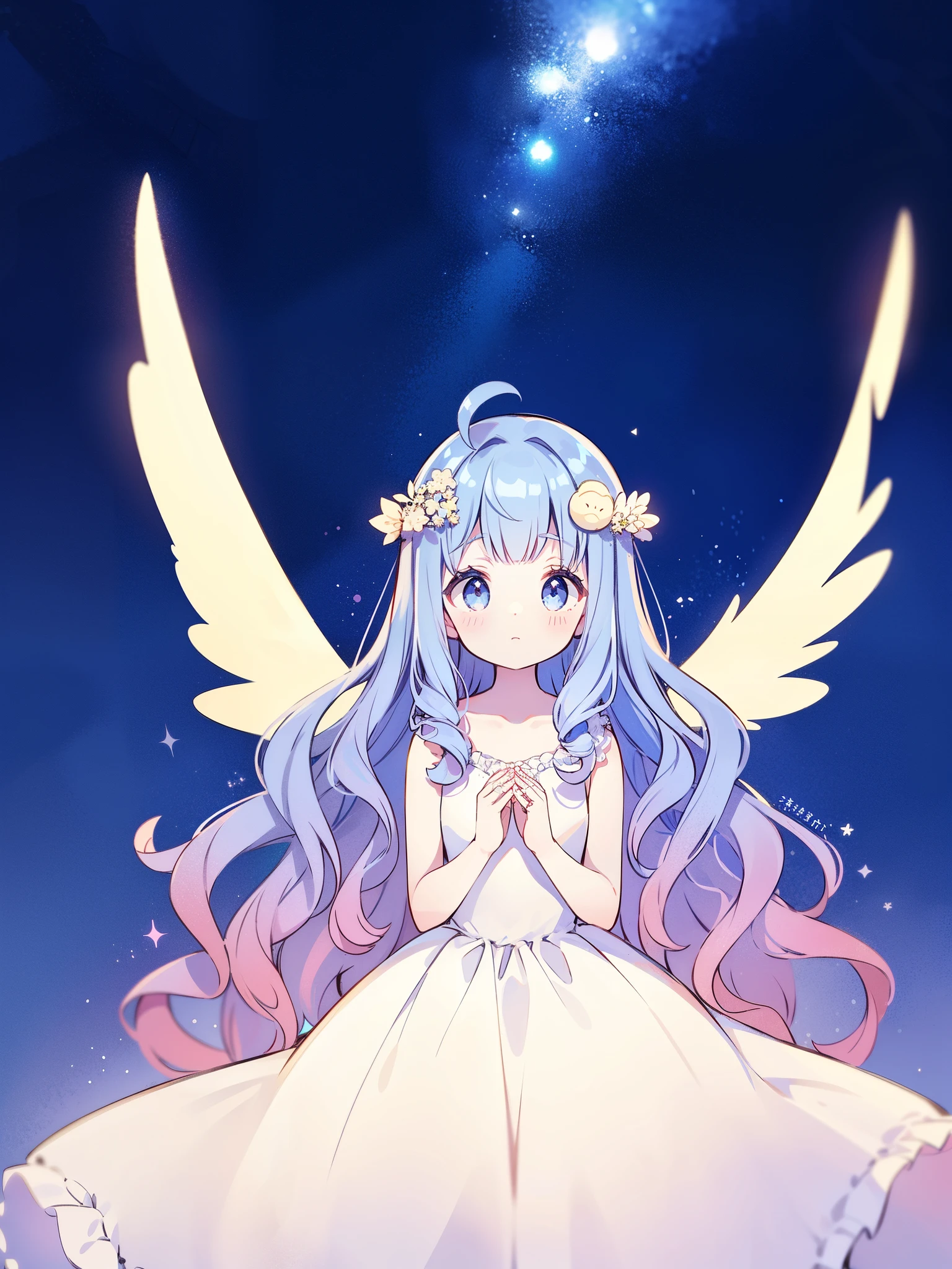 angel girl wearing an ethereal puffy layered princess ballgown dress, pale skin, ((wavy gradient blue purple hair)), white feathers, angel wings, sparkling detailed eyes, golden ratio face, perfect composition, highly detailed, ethereal, (starry night sky background), midjourney style
