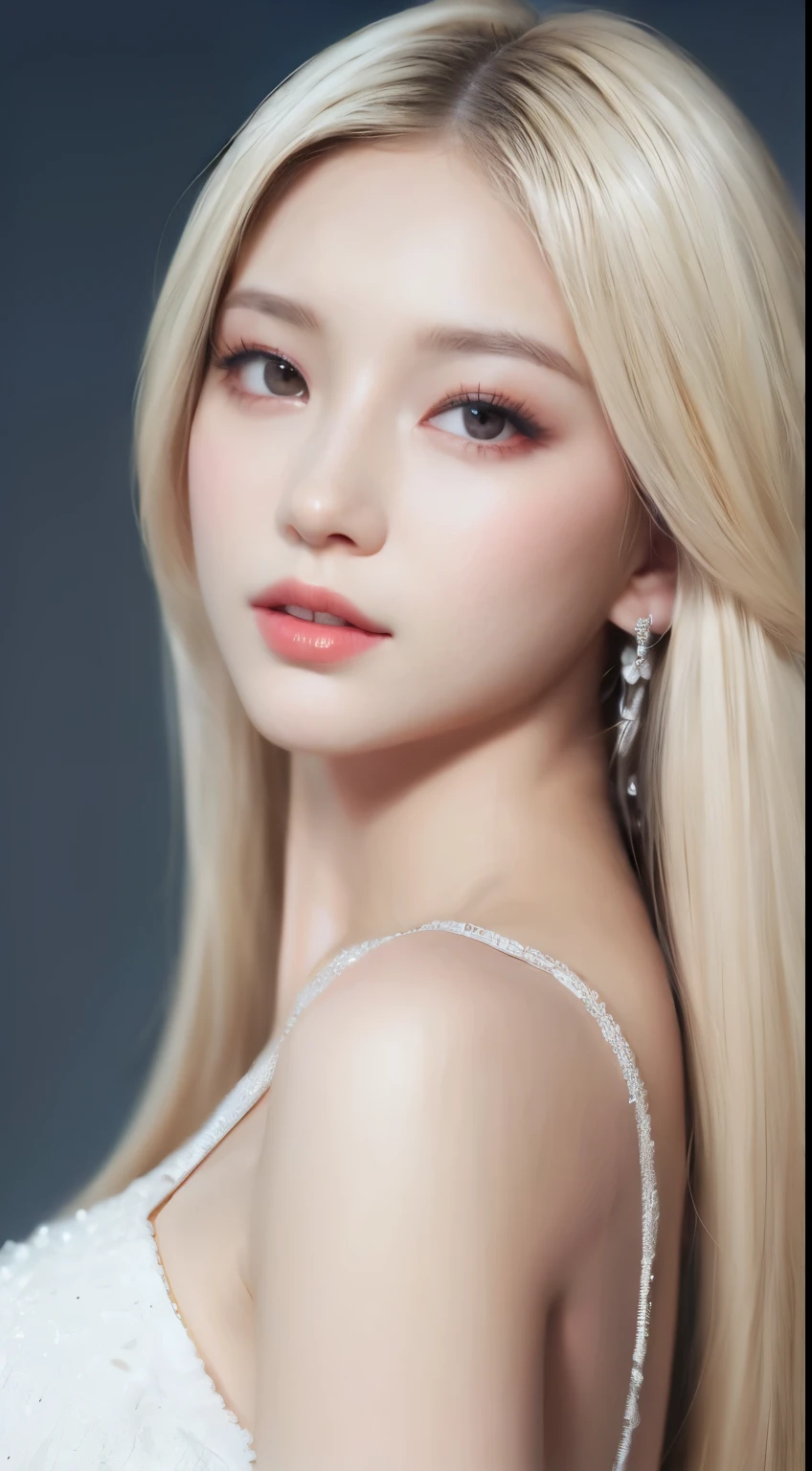 ((realistic lighting、top quality、8k、masterpiece:1.3))、clear focus:1.2、1 girl、perfect beauty:1.4、slim((blonde hair))、neat and clean clothes、one piece clothing、Superb face、narrow-eyed、double eyelid、cinematic lighting、photo realistic、28 years old、straight hair、A face like a K-pop idol、white background、gray background、mature woman、Classy makeup、light hair color blonde、pulling angle、