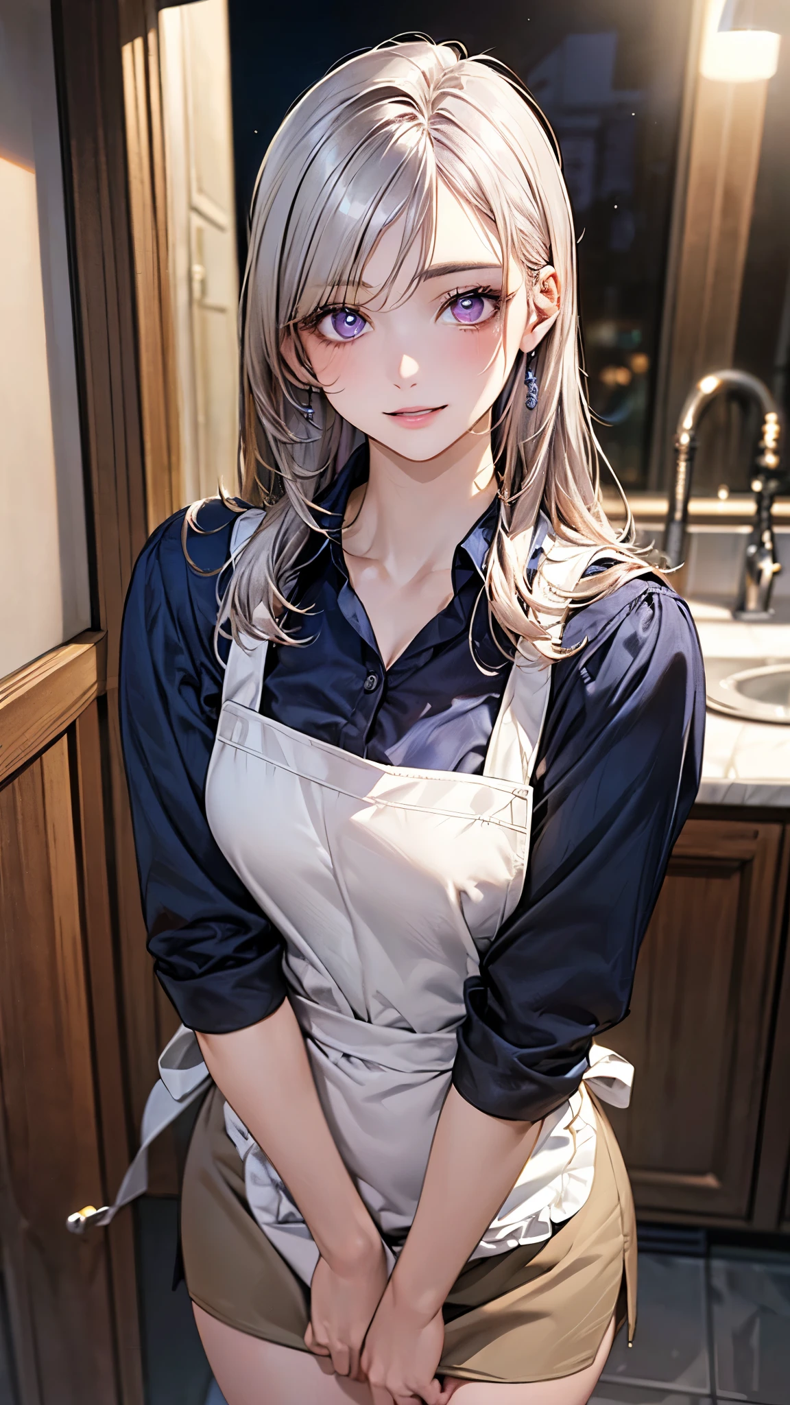 (masterpiece:1.2, top-quality), (realistic, photorealistic:1.4), beautiful illustration, (natural side lighting, movie lighting), depth of fields,
beautiful detailed hair, beautiful detailed face, beautiful detailed eyes, beautiful clavicle, beautiful body, beautiful chest, beautiful thigh, beautiful legs,
looking at viewer, 1 girl, 17 years old, (perfect anatomy, anatomically correct, super detailed skin), cute and symmetrical face, perfect face, perfect eyes, perfect body,
(long hair, straight hair:1.5, sideburns), break (silver hair), swept bangs, break purple eyes, big eyes, long eye lasher, (medium breasts, seductive thighs), babyface, shiny skin, pink skin,
(detailed cloth texture, break (long sleeve marine blue collared shirt, break light brown tight skirt, break pink apron)), break
(beautiful scenery), night, (kitchen room:1.2), standing, (lovely smile, upper eyes, parted lips),