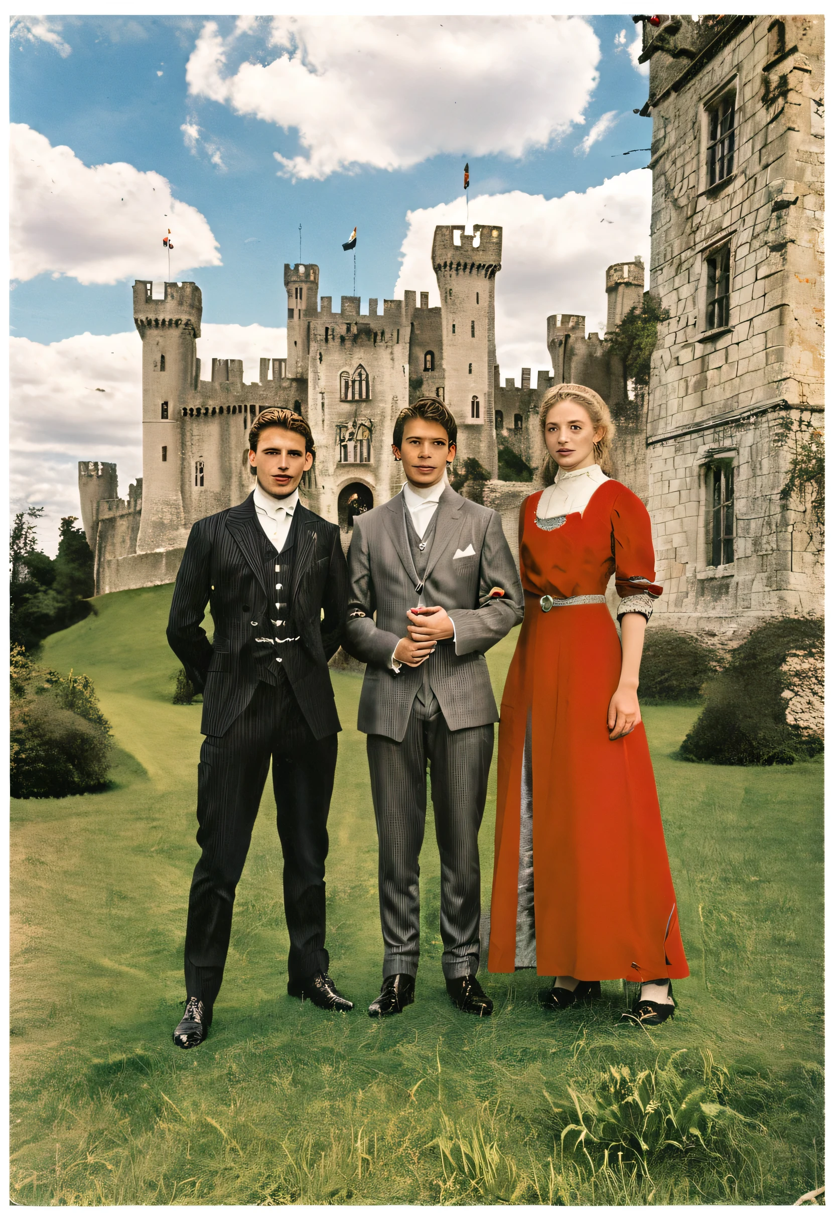 blue skies with white fluffy clouds in the background, a medieval castle with four men in black and grey suits, joined by a young woman, twenty years old wearing a vibrant bright red dress