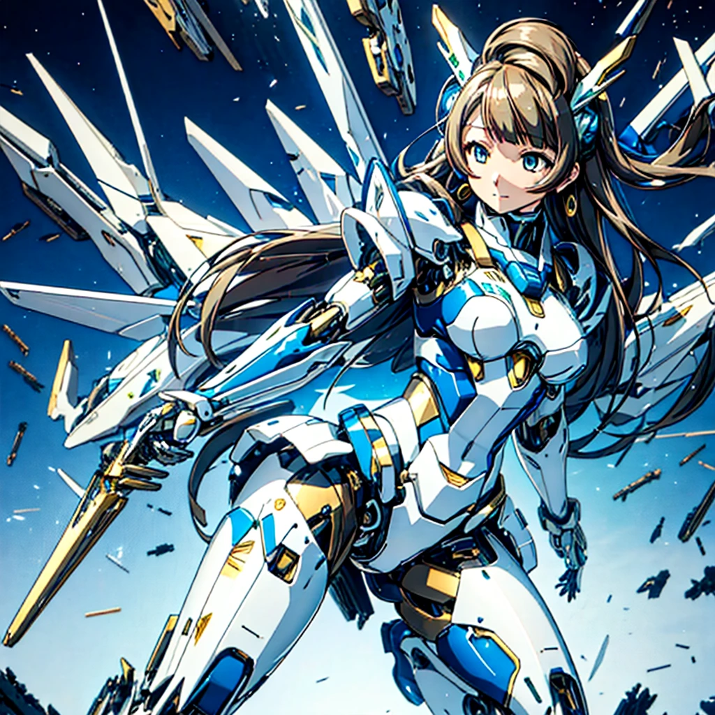 masterpiece, high quality, Kotori Minami, a cyborg with a mechanical body、Gynoid cyborg body with exposed mechanical parts、Blue and white leotard mechanical armor、The whole body from the neck down is precision-machined.、A destroyed and broken mechanical body、Destroyed internal machinery is visible、The mechanical body is exquisite and detailed、Composition of only one person、Full-body shot from the front