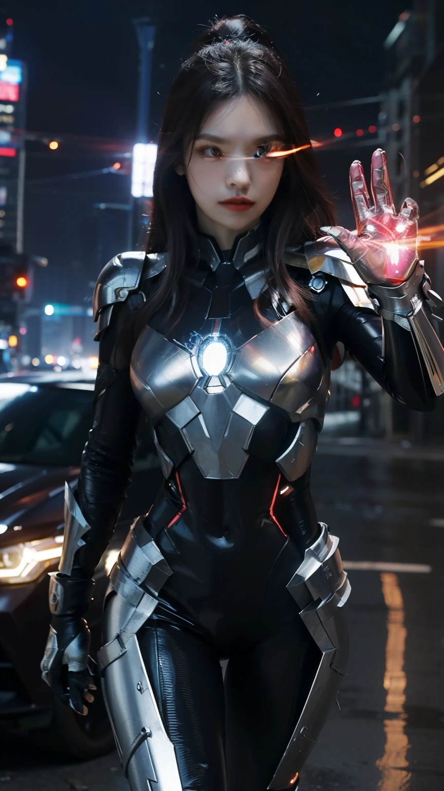 In the photo, Ironwoman stands her ground, radiating strength and determinación. His metallic suit shines with a polished shine., showing its advanced technology. The suit&#39;s vibrant red and gold colors accentuate its powerful presence..

His posture exudes confidence., with legs shoulder-width apart, firmly planted in the ground, highlighting its unwavering stability. The intricate design of his suit shows intricate details., such as sleek lines and contoured armor plates that provide protection and flexibility.

iron woman helmet, equipped with a transparent front plate, reveals his concentrated expression. The faceplate displays a head-up display, project vital information and data to help you analyze your environment.

His right arm is extended forward., open palm, ready to unleash a formidable explosion of energy. The glowing repulsor in his hand hums with power., Emitting a vibrating arc of energy that crackles with electricity.. The repulsor&#39;s intricate details highlight the advanced technology and precision engineering behind it..

On his left arm, She wears a glove adorned with various gadgets and tools, showing your ingenuity and preparation for any situation.. The gauntlet&#39;s intricate mechanisms and buttons hint at its multifunctional capabilities...

Ironwoman&#39;s confident stance is complemented by her confident gaze.., like your eyes, visible through front plate, reveal determination and focus. His look reflects a combination of intelligence., strength, and unwavering determination.

The background behind Ironwoman represents a futuristic cityscape., with imposing skyscrapers and advanced technology perfectly integrated into the urban landscape. City lights illuminate the night sky., casting a soft glow around Ironwoman.

In general, The photo captures Ironwoman in a post