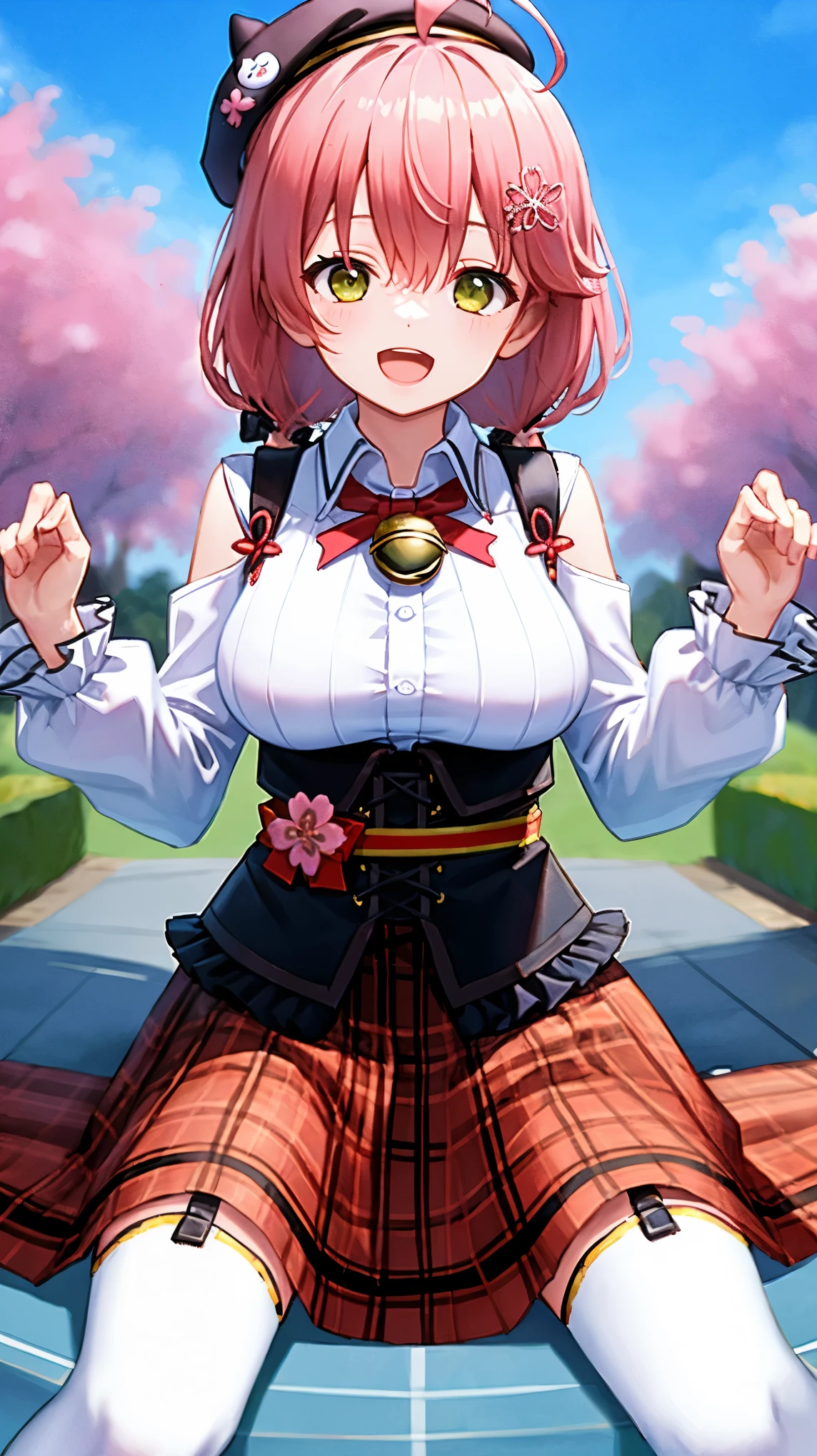 masutepiece, Best_Quality, hight_resolution, miko2,Ponytail, 1girl, Ahoge, black headwear, Hair Ornament, White shirt, black thighhighs, Pink hair, Red_skirt, very_short_skirt, plaid skirts, garter_strap, Collared shirt, hair clips, frilld, Bangs, hair between eye, frills skirt, beret, Pleated skirt, Hair Flower, Neck bell, , puffy long sleeves, Black bow, Underbust, Smile, (large_breasts:1.3),covered_nipples, green_eyes, happy, dynamic_angle,spread_legs,(big_smile:1.2),plump,open_mouth,shout,half_eyes,cherryblossom_park_landscape_background,