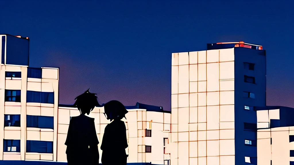 On the roof of an apartment building Two silhouettes, midnight