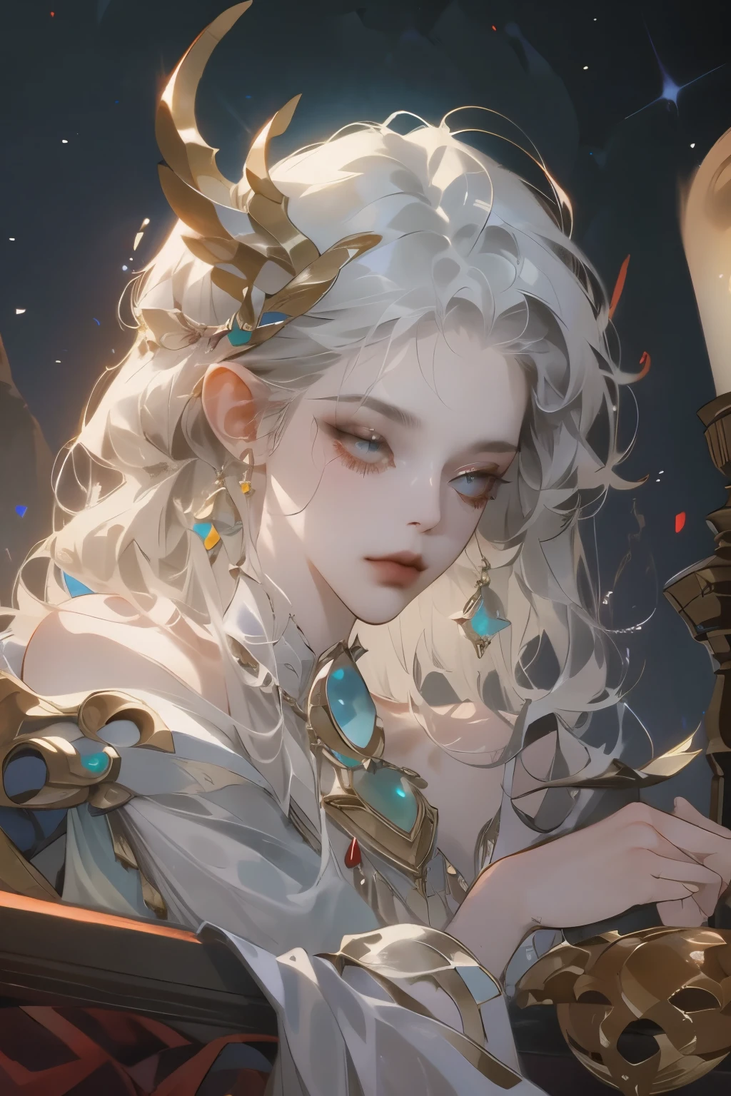 best quality,masterpiece,masterpiece portrait,Intricate details,Epic Light,fantasy,Dungeon & dragon,vintage,Priest,Dark Elves,1 Girl,Wooden table,Pub,Gray skin,Elegant smile,squint,Close-up portrait of a Mycenaean female drow wearing gold jewelry, :0.9, grid:1.0, fantasy, Volumetric Lighting, Concept Art, Stroke Style, Art Station, Hot, Very detailed, Artwork by Greg Rutkowski