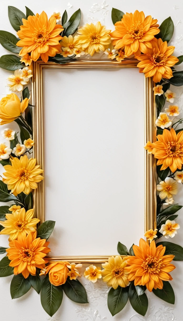 make photo frame in portrait size, yellow, oranges flowers around borders same where, white background, place some golden flowers  