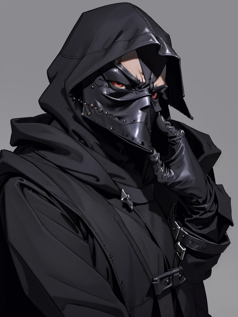 (masterpiece), (best quality),(portrait),Plaguecore,outfit,1boy,assassin,ninja,thief, mystical person,(hood),rogue outfit,old school fantasy art,solo,(sharp focus),((simple background)),gray background,