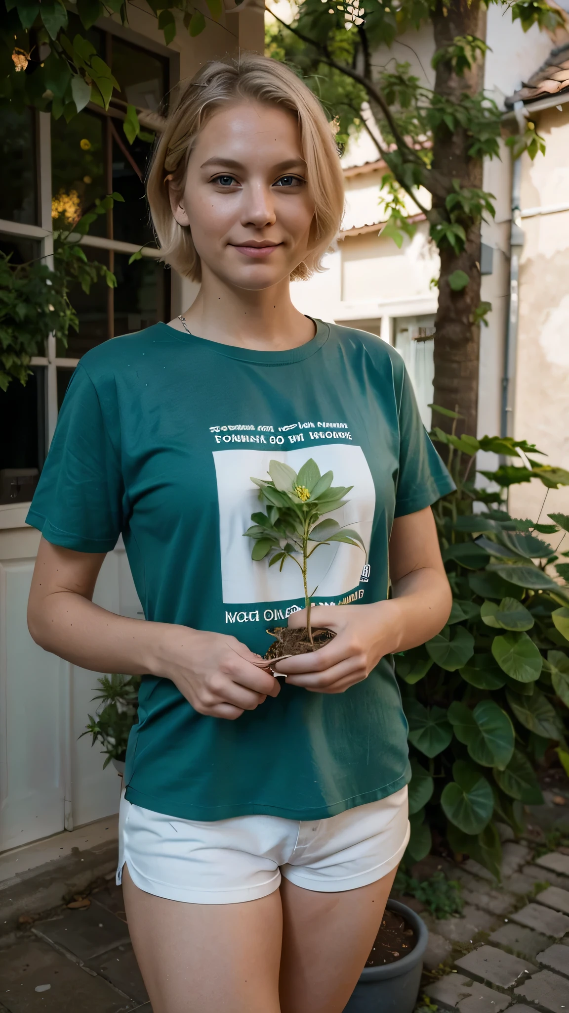 swedish woman, blond short hair, green eyes, 30 years old, eco activist, smirk, planting flowers, long distance shot, wearing t-shirt and shorts