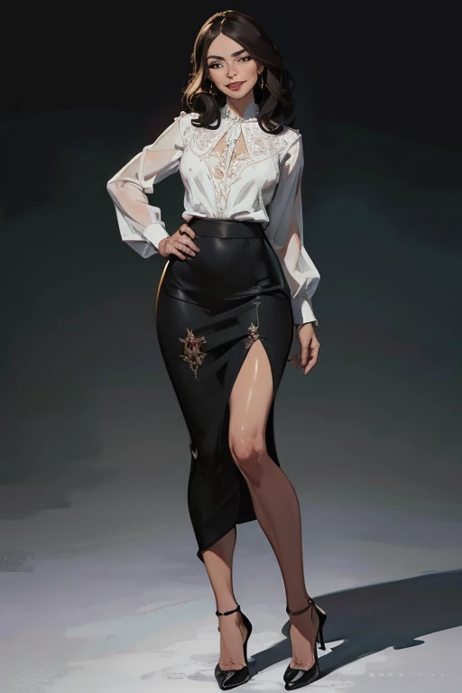 (full body:1.4),(realistic illustration:1.3), A very beautiful Russian woman. 31yo, brunette, green eyes, short, perfect figure, small breasts,(smile).Black blouse, gray pencil skirt, high heels. Masterpiece, (highly detailed:1.2),(detailed face and eyes:1.2), 8k wallpaper, natural lighting. core shadows, high contrast, bokeh.(rule of thirds)