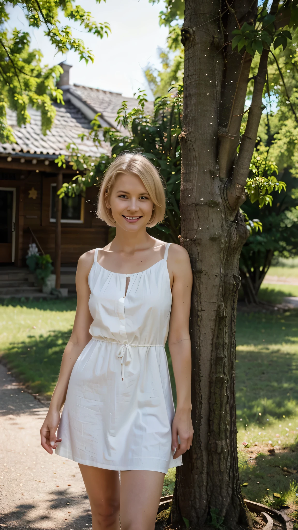 swedish woman, blond short hair, green eyes, 30 years old, eco activist, smile, posing near the tree, long distance shot, wearing dress