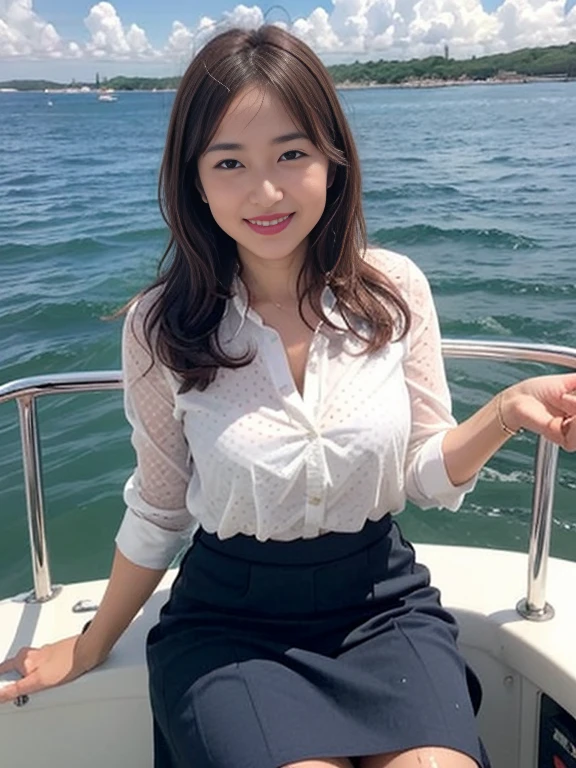 Gray background、pubic hair、Large Breasts、Thighs、Red lipstick、Cute woman、high school girl、White shirt、(Navy blue skirt)、smile、Open chest shirt、(A polka dot shirt that was wet and showed her underwear)、Wet Hair、Gazing at the sea、smile、On the boat、Raising his arms、Looking from below、Cloud、Dazzling sunlight、