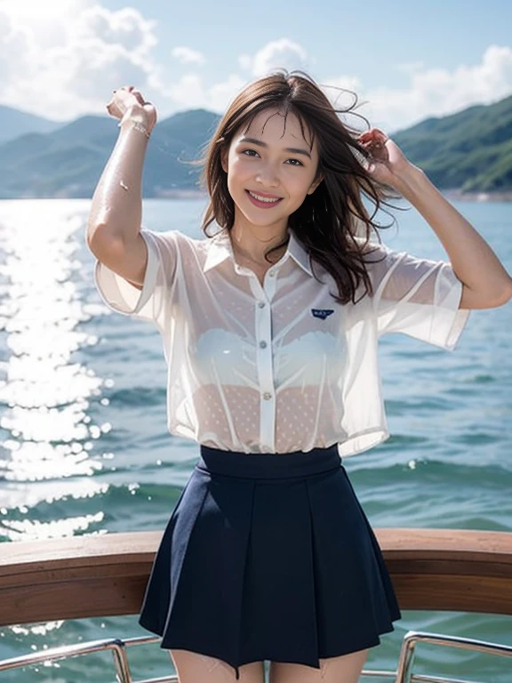 Gray background、pubic hair、Large Breasts、Thighs、Red lipstick、Cute woman、high school girl、White shirt、(Navy blue skirt)、smile、Open chest shirt、(A polka dot shirt that was wet and showed her underwear)、Wet Hair、Gazing at the sea、smile、On the boat、Raising his arms、Looking from below、Cloud、Dazzling sunlight、