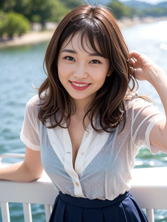 Gray background、pubic hair、Large Breasts、Thighs、Red lipstick、Cute woman、high school girl、White shirt、(Navy blue skirt)、smile、Open chest shirt、(A polka dot shirt that was wet and showed her underwear)、Wet Hair、Gazing at the sea、smile、On the boat、Raising his arms、Looking from below、Cloud、Dazzling sunlight、