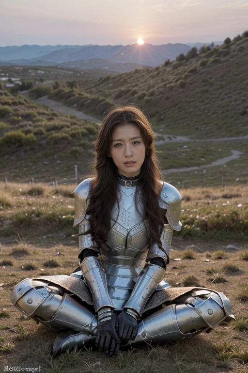 ((original photography:1.2, best quality)), Extremely detailed, Ultra-precise depiction, Ultra-fine drawing, (tangled:1.2), (Medieval war atmosphere), at sunset，spectacular cloud formations，1 Girl, female knight,Very detailed face， (best quality, Beruca, Gloves), ((Medieval metal armor:1.3)), lace choker, Gloves, long legs, boots, endless mountain peaks in the background, Soft sunset, Subtle reflections on the ground.