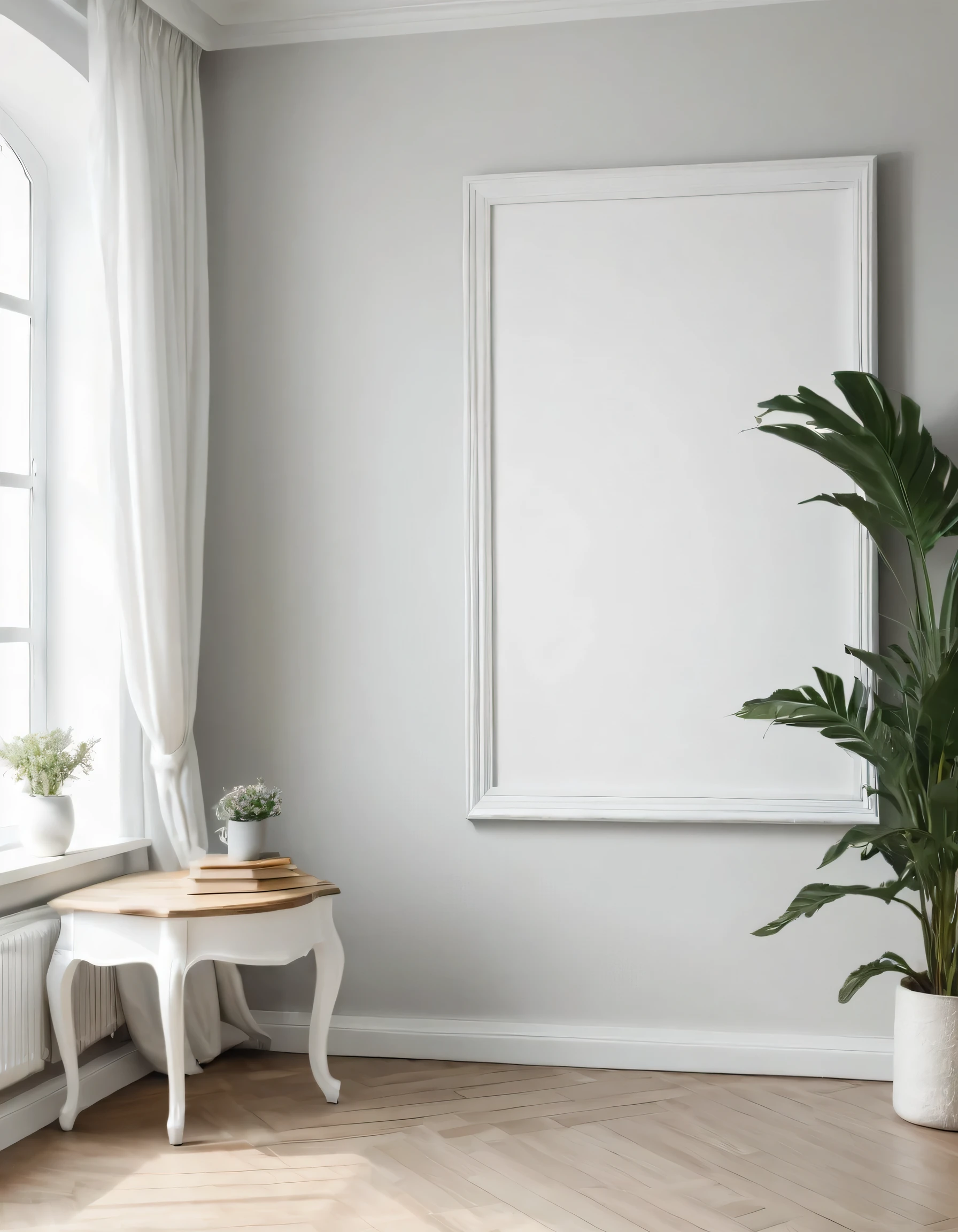 The background of the room and an empty frame, a large white empty photo frame leaning against the wall of the room