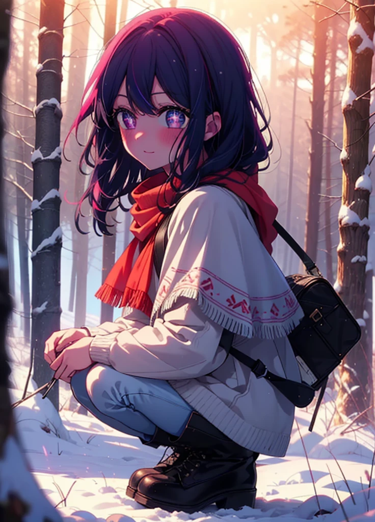 aihoshino, Ai Hoshino, Long Hair, bangs, (Purple eyes:1.1), Purple Hair, (Symbol-shaped pupil:1.5), smile,,smile,blush,white breath,
Open your mouth,snow,Ground bonfire, Outdoor, boots, snowing, From the side, wood, suitcase, Cape, Blurred, , forest, White handbag, nature,  Squat, Mouth closed, Cape, winter, Written boundary depth, Black shoes, red Cape break looking at viewer, Upper Body, whole body, break Outdoor, forest, nature, break (masterpiece:1.2), Highest quality, High resolution, unity 8k wallpaper, (shape:0.8), (Beautiful and beautiful eyes:1.6), Highly detailed face, Perfect lighting, Highly detailed CG, (Perfect hands, Perfect Anatomy),