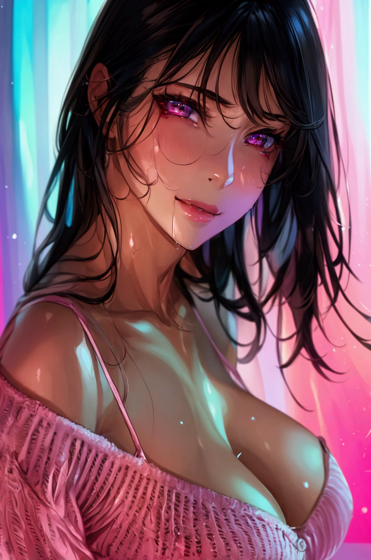 Masterpiece,Highest quality,8k,Ultra-high resolution,appropriate margins,lighting,whole body,BREAK, person),Very beautiful and slim adult woman,Very large breasts,Big cleavage,The skin is moisturized,Long black hair,mascara,Red eyeliner,Light pink lip,Thin teak,Thin eyebrows,BREAK,Light purple eyes,BREAK,Shy smile,(No bra),(Red sleeveless sweater),(Hara!),Erect nipples