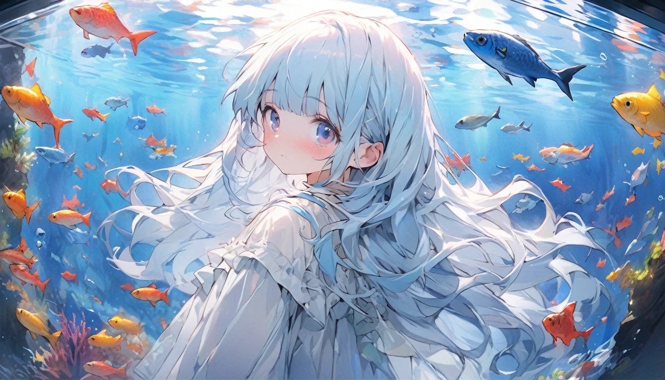 masterpiece, best quality, extremely detailed, (illustration, official art:1.1), 1 girl ,(((( light blue long hair)))), ,(((( light blue long hair)))),light blue hair, long hair ((blush)) , cute face, big eyes, masterpiece, best quality,(((((a very delicate and beautiful girl,))))),Amazing,beautiful detailed eyes,blunt bangs、((((little delicate girl)))),tareme(true beautiful:1.2), sense of depth,dynamic angle, ,, (masterpiece, highest quality), Beautiful illustrations,Wide aquarium, Long Eyelashes, aquarium、A girl standing in front of a huge aquarium、Large single glass aquarium、Dimly lit interior、Quiet atmosphere、Girl looking up at a fish tank、There is a girl in the center、Angle of view from the rear、A tank much taller than the girl
,Whole body,full body,(((lots of swimming colorful fish)))