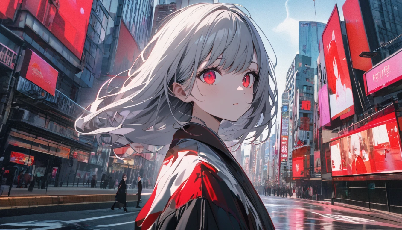 A girl and her shadow in a modern city, the shadow is the demon in the girl's mind, the lens is tense, the main body of the photo is the background of a big city, a bright and fresh photo, a beautiful abstract huge city and a age girl character in it. Grey hair color, glowing red eyes, long hairstyle, a mole under the left eye, a surreal background