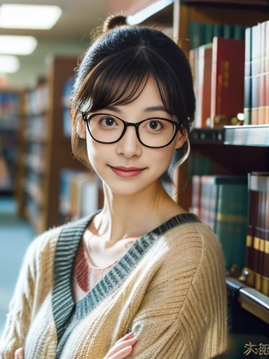   (8k, RAW photo, best quality, masterpiece), (photo realistic), outstanding details, ultra-high resolution, anatomically correct, textured skin, ((Extremely precise and accurate anatomy)),

A cute 28-year-old Japanese woman, librarian arranging books in the library, 

(fearless smile:0.1),  
(Downturned Eyes), (kind eyes:1.2) , kind Gaze, 
(lower  chignon:1.4), (Rimless round glasses), 
(makeup:0.1) , very short hair,  

looking at viewer, 
pupils sparkling,  thin lips, (Mouth slightly open), 
dark brown hair, Forehead, 
white simple summer sweater, simple cotton Light brown flared skirt, 
Earrings, Necklace, 

Full Shot, whole body, (height: 148cm), High heels Has two legs,Has two arms、Has two legs, You need two arms, 

(background Spacious library interior, bookshelves), 
(backlighting), 
reflection light from below, 
atmospheric perspective, depth of field, 
(dramatic lighting), cinematic lighting, 