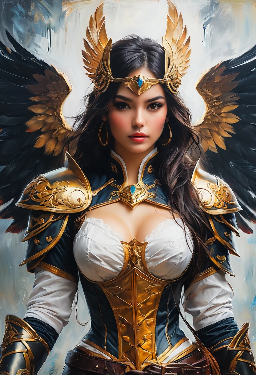 Painting of a woman, black hair, in armor, with wings, erotic,High quality