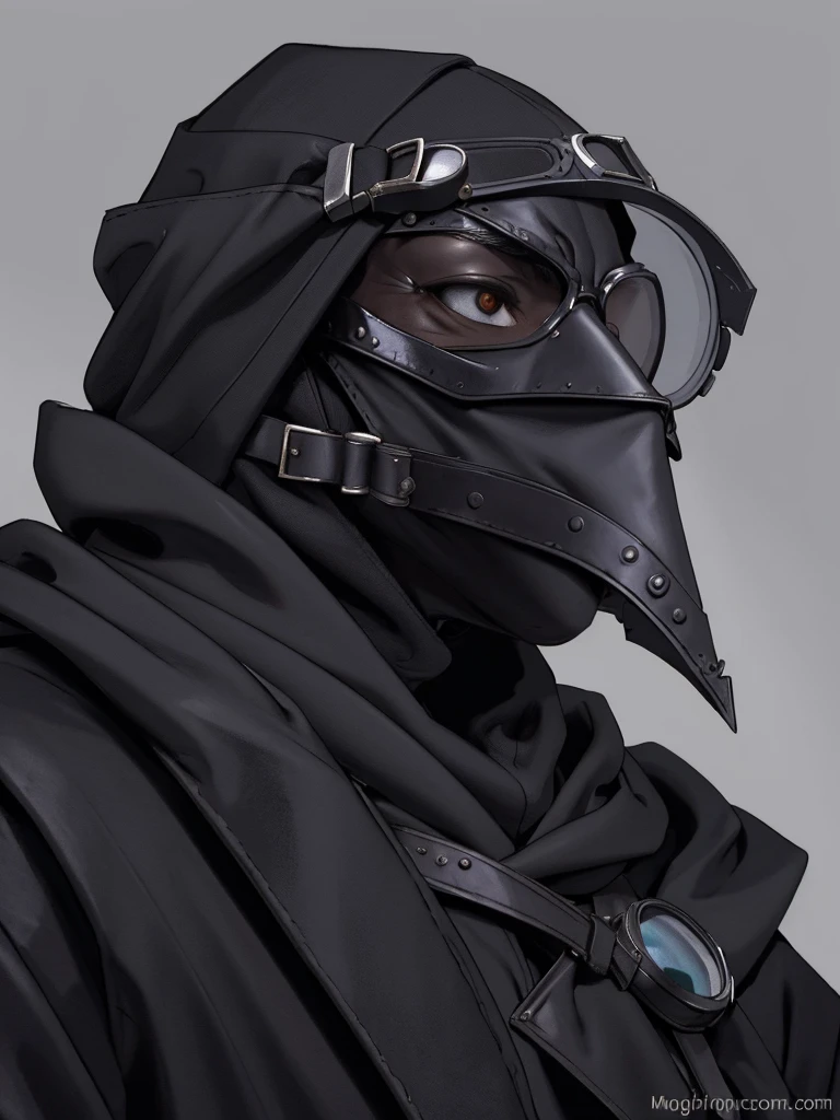 (masterpiece), (best quality),(portrait),Plaguecore,outfit,1boy,assassin,goggles,thief, mystical person,(hood),rogue outfit,old school fantasy art,solo,(sharp focus),((simple background)),gray background,