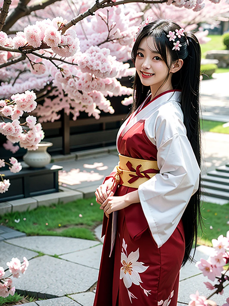 One girl, High resolution, Long Hair, Gaze, Black Hair, Highest quality, Japanese hairstyle, Close your mouth, smile, 3D Rendering, Shrine maiden,Red kimono,cherry blossoms