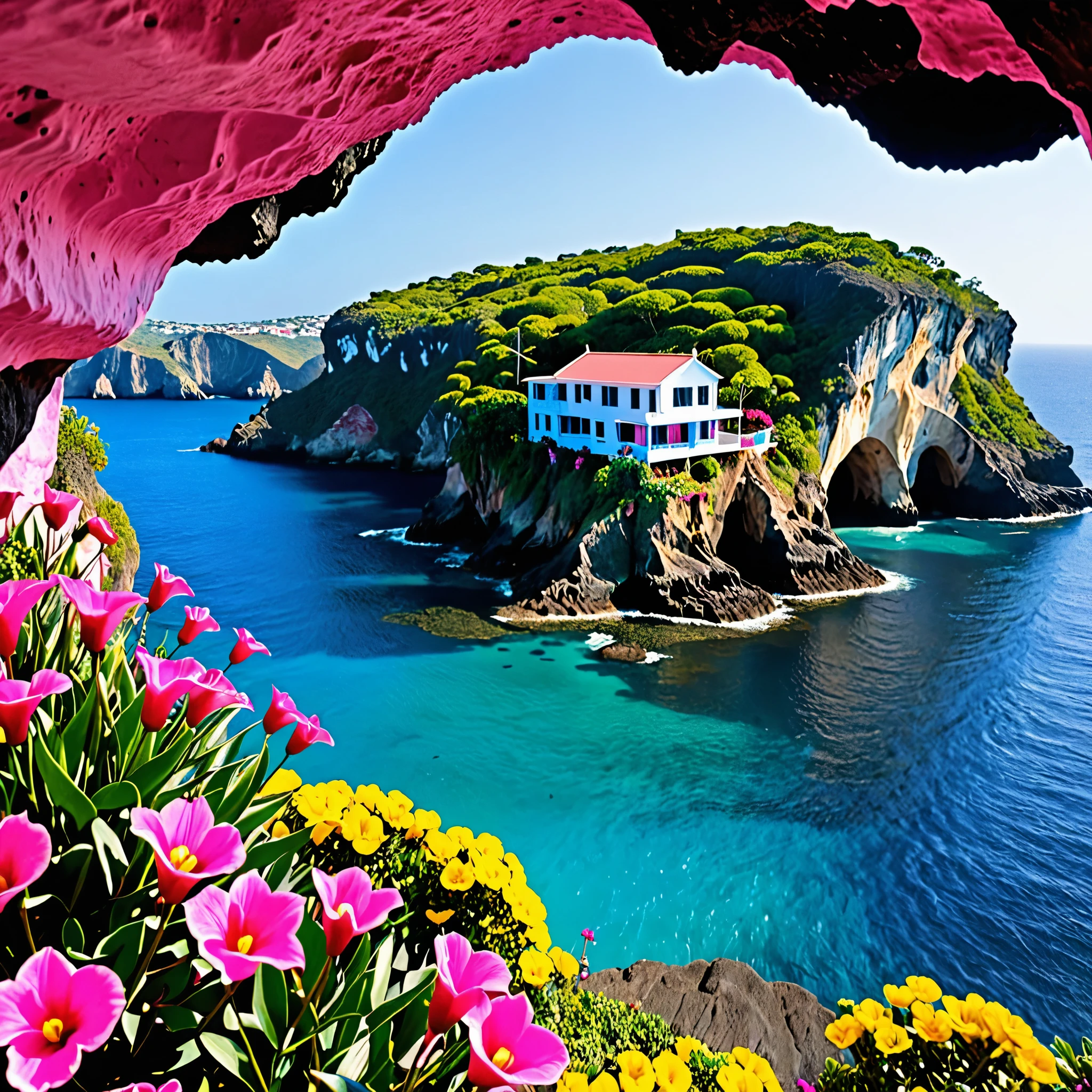View from the sea to a cave house adorned with pvermelhoominantly pink, vermelho, preto, azul, branco, roxo, e flores amarelas penduradas na casa.