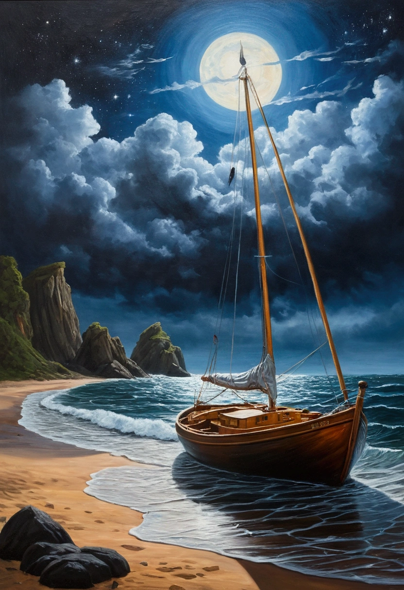 live-action（（Oil paints ））Landscape painting,acrylic painting，Brush strokes，Unparalleled realism,Ultra Wide,Ominous sky,sailboat,Wooden boat,Lotus,Giant Wave,Starry Night,Harry potter,Volumetric lighting,clear,Realistic,James Gurney,Art Station，（（Drawing in oil painting））