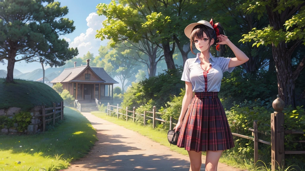 1girl, solo, full body, rural landscape, village, trees, sun, clouds, fantasy, black hair, ponytail, large breasts, button down shirt, ((red checked shirt)), ((short sleeved shirt)), ((unbuttoned shirt)), popping buttons, unbuttoning buttons, cleavage 1:3, blue eyes, dark skirt, smile, looking at the viewer, standing, hair ribbon, golden necklate, elegant white hat, brown boots