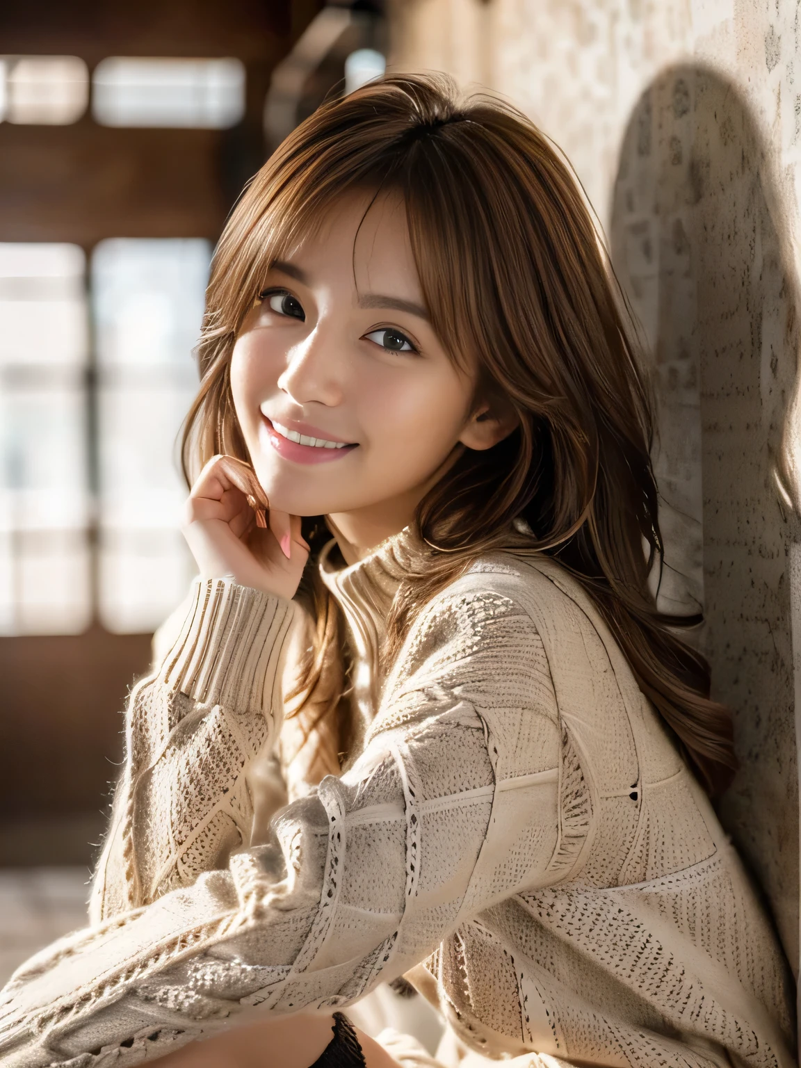 masterpiece, best quality, ultra-detailed, hyperdetailed, realistic, sharp features, highly detailed, sharp focus, Realistic, Photorealistic:1.3, (19 years old:1.3), perfect face, perfect symmetrically eyes, perfect lips, hyper detailed, hyper realistic, high resolution, Fashion Model, Japanese Idol, Slender, brown hair, Stylish, model poses, Beautiful Face, light brown hair, messy hair, Beautiful hairstyle, (seductive smile:1.2), (looking at viewer), cinematic lighting, blurred background, (Argyle knit:1.2), ((Pleated miniskirt, black high socks)), (leaning on wall), 