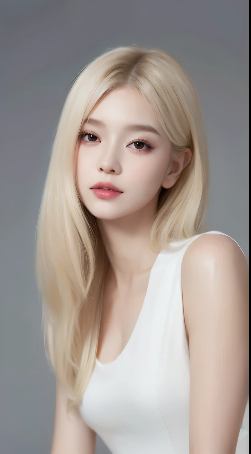 ((realistic lighting、top quality、8k、masterpiece:1.3))、clear focus:1.2、1 girl、perfect beauty:1.4、slim((blonde hair))、neat and clean clothes、one piece clothing、Superb face、narrow-eyed、double eyelid、cinematic lighting、photo realistic、28 years old、straight hair、A face like a K-pop idol、white background、gray background、mature woman、Classy makeup、light hair color blonde、pulling angle、