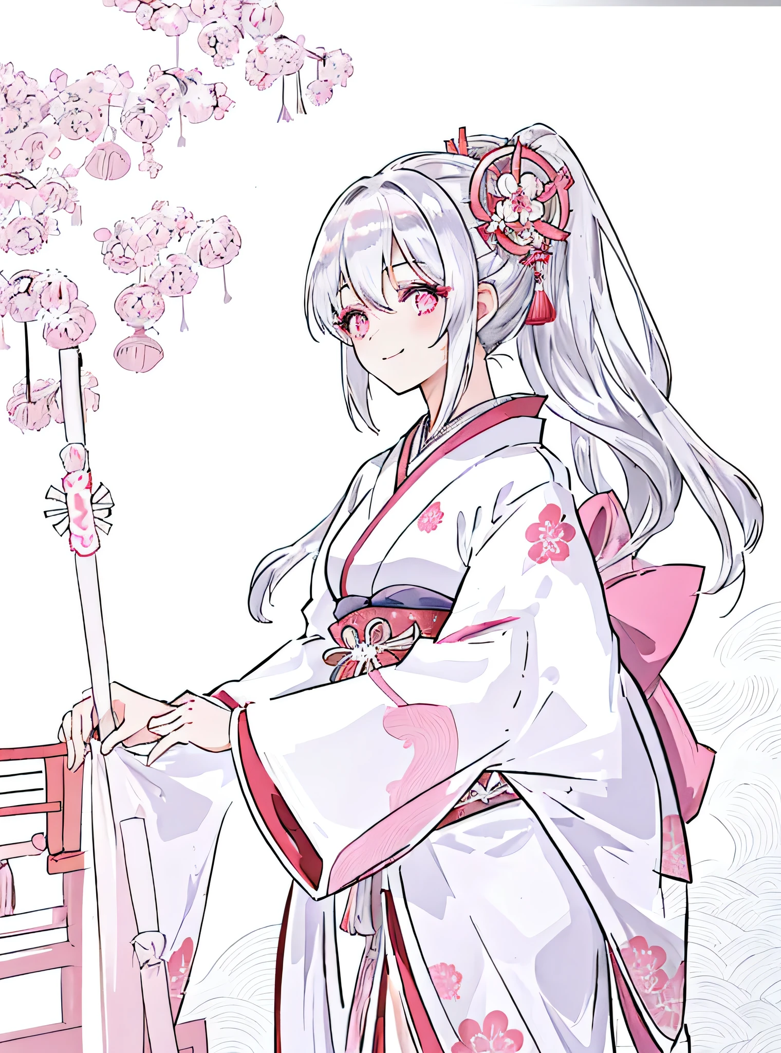 1 girl in、(silver medium Hair)、side ponytailed、pink eye、Looking at the camera、from side,delicate finger、beautiful ilumination、(adult),white kimono、miko costume、smile,laugh,((japanese temple background))、(High resolution of the highest quality)、((Masterpieces of the highest quality:1.2)),sharp,sharp,