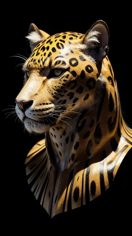 The title of the piece is as follows: The Jaguar Mask Project is presented herewith in two views, namely front and side.
Description:

A comprehensive design of a jaguar mask should be created, comprising two views: one from the front and one from the side. The mask should evoke the essence and majesty of the jaguar, with meticulous attention to detail and distinctive features.

The facial features of the jaguar mask should be depicted in great detail.

The front view of the jaguar mask should be depicted in great detail. It is imperative to illustrate the jaguar's piercing eyes, prominent muzzle, and distinctive patterns of spots on its fur. Additionally, include details of the ears and whiskers.
The side view should emphasise the jaguar's profile, with particular attention paid to the curvature of the muzzle, the outline of the ears, and the texture of the coat, as well as the characteristic spots.
Texture and color:
The mask should accurately reflect the realistic texture of the jaguar's coat, with yellow/gold coloring and authentically distributed black spots.
Overall Design:

The design must be faithful to the jaguar's anatomical structure, exhibiting proportions and details that render it recognizable and impressive. The mask should evince both ferocity and elegance.