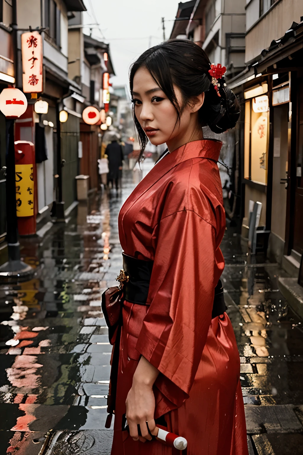 Geisha from afar in the street Japan in the rain in red kimono with a sword ready to attack