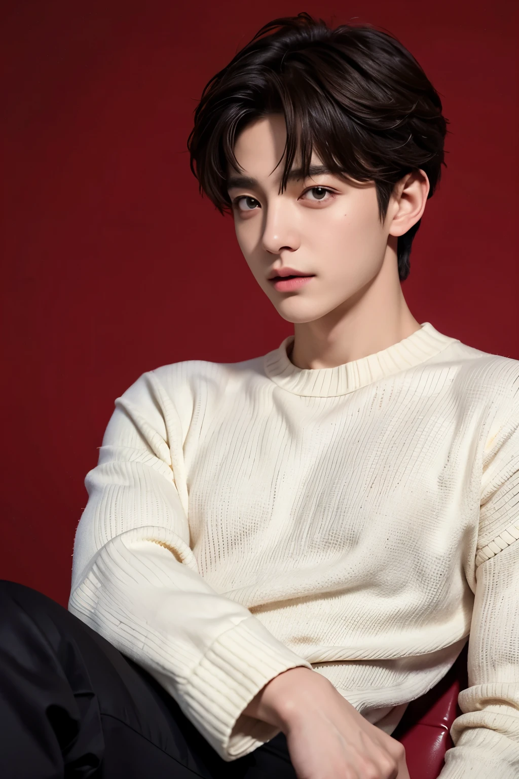 JEON JUNGKOOK,upper body portrait,red wine sweater,White background, BTS, jungkook