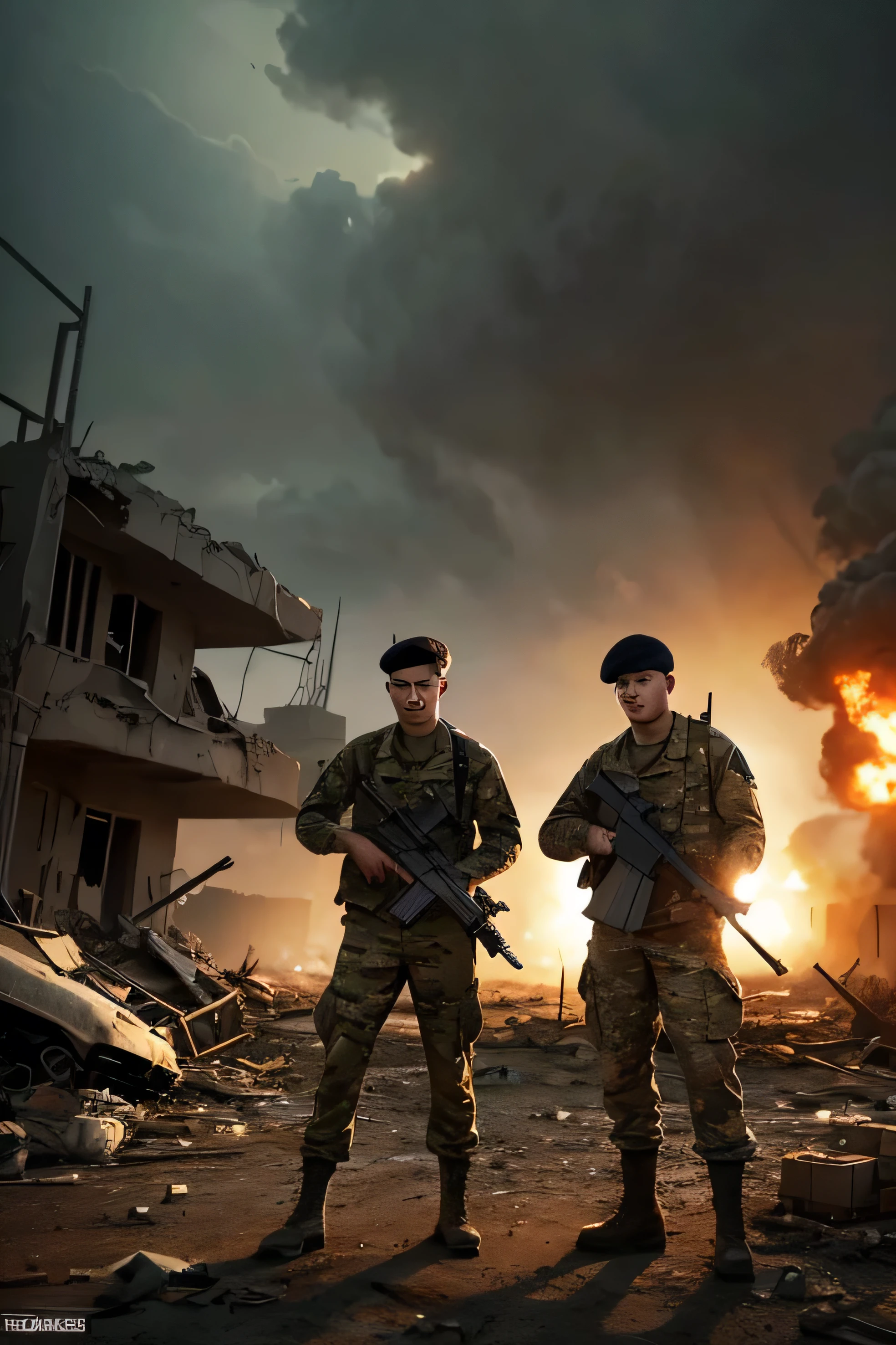 Two guys are in a war-torn battlefield. One is a wearing a military uniform and holding a machine gun, looking powerful and cool. The other is also in military uniform, holding a bazooka and appearing strong and impressive. The background shows a desolate war zone with destroyed buildings and debris. Hyper-realistic style, dramatic lighting, intense atmosphere.