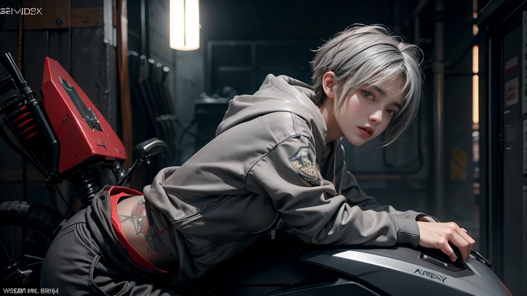 masterpiece,Game Art,Best picture quality,Maximum resolution,8K,(whole body),Unreal Engine 5 rendering works,(Digital Photography),((whole bodyFeature:1.5)),(18 year old boy riding a bicycle),Short hair details,Short bangs,(The red eye makeup is carefully applied),(Has short grey hair:1.4),(Perfect body),Elegance and nobility,Brave and charming,(Grey hooded sweatshirt),student,Cyberpunk Characters,Alley,light,Ray Tracing,Game CG,((3D Unreal Engine)),OC rendering reflection mode
