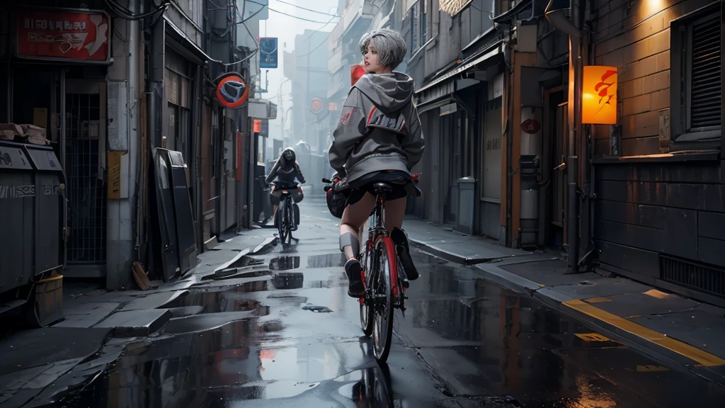 masterpiece,Game Art,Best picture quality,Maximum resolution,8K,(whole body),Unreal Engine 5 rendering works,(Digital Photography),((whole bodyFeature:1.5)),(18 year old boy riding a bicycle),Short hair details,Short bangs,(The red eye makeup is carefully applied),(Has short grey hair:1.4),(Perfect body),Elegance and nobility,Brave and charming,(Grey hooded sweatshirt),student,Cyberpunk Characters,Alley,light,Ray Tracing,Game CG,((3D Unreal Engine)),OC rendering reflection mode