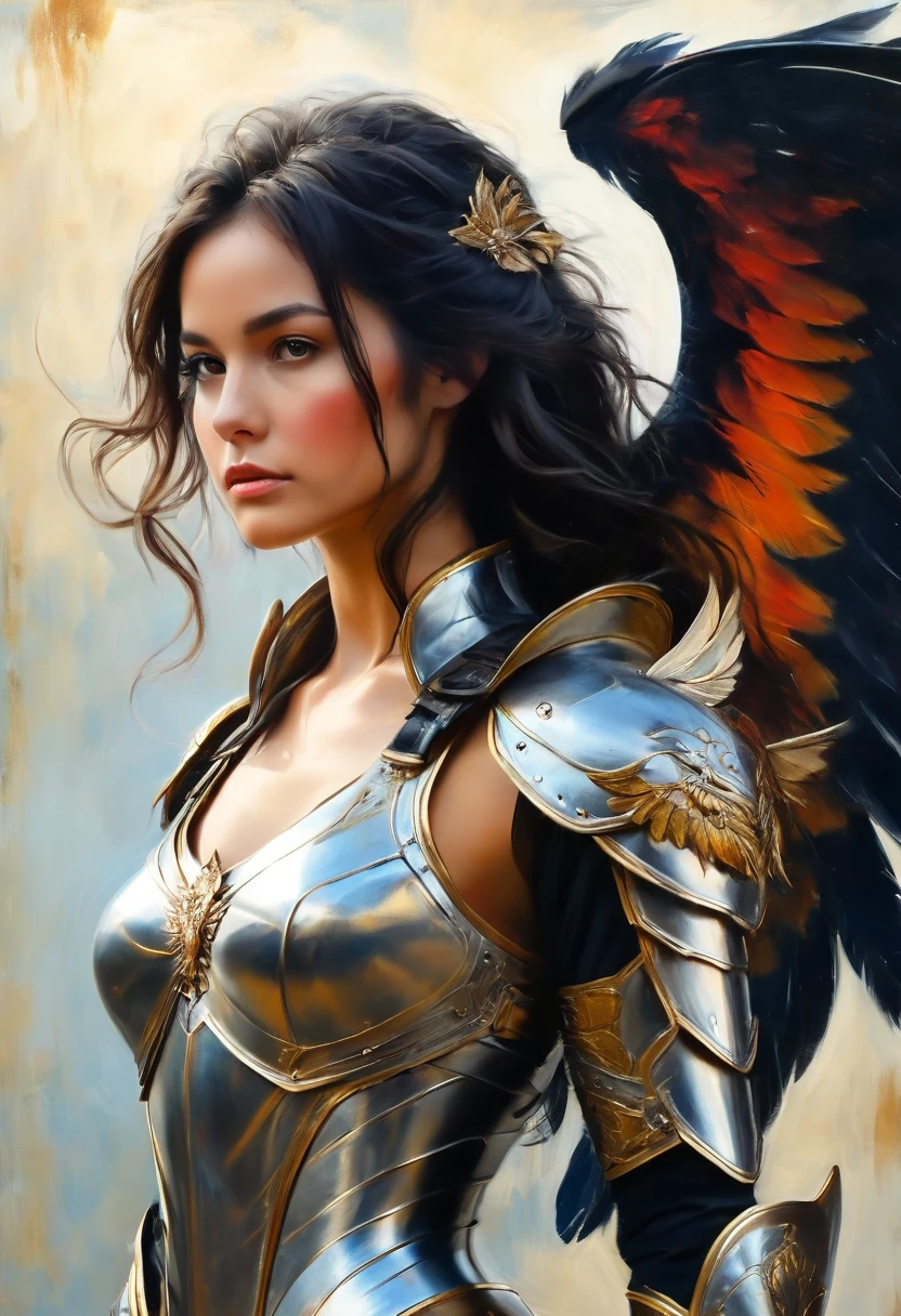 Painting of a woman, black hair, in armor, with wings, erotic,High quality