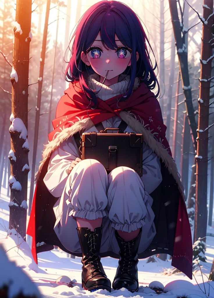 aihoshino, Ai Hoshino, Long Hair, bangs, (Purple eyes:1.1), Purple Hair, (Symbol-shaped pupil:1.5), smile,,smile,blush,white breath,
Open your mouth,snow,Ground bonfire, Outdoor, boots, snowing, From the side, wood, suitcase, Cape, Blurred, , forest, White handbag, nature,  Squat, Mouth closed, Cape, winter, Written boundary depth, Black shoes, red Cape break looking at viewer, Upper Body, whole body, break Outdoor, forest, nature, break (masterpiece:1.2), Highest quality, High resolution, unity 8k wallpaper, (shape:0.8), (Beautiful and beautiful eyes:1.6), Highly detailed face, Perfect lighting, Highly detailed CG, (Perfect hands, Perfect Anatomy),