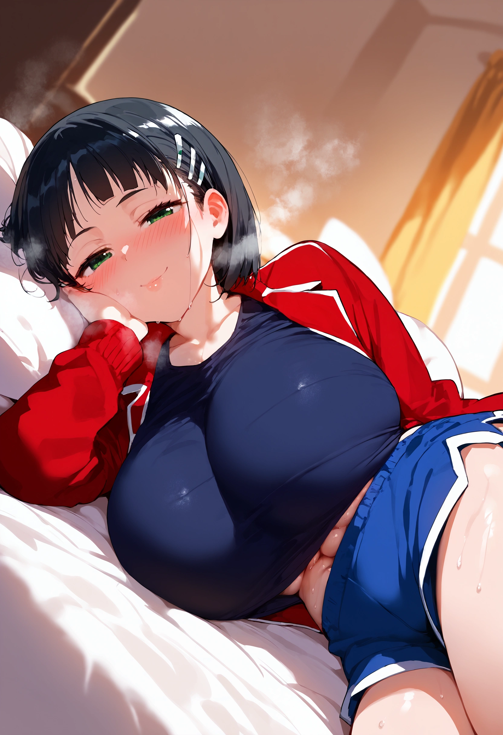 score_9, score_8_up, score_7_up, score_6_up, score_5_up, score_4_up, 1girl, Suguha Kirigaya, short hair, black hair, hair ornament, hairclip, (green eyes:1.3),
BREAK jacket, shorts, short shorts, blue shorts, track jacket, dolphin shorts, gym shorts, (red jacket:1.2), shirt, (black shirt:1.2), huge breasts,large breasts,,,, floox style, rating_explicit, floox style, high resolution,,, expressiveh,, perfect anatomy, masterpiece, 独奏, naughty face,,,, , ,, big tits, detailed eyes, indoors, (lying on side:1.2), close-up, breasts focus, Good,round breasts,Suguha_Kirigaya,short hair,,(under boobs:1.2),round breast,(black Good:1.4),((clothed Good)),sweat,steam,breath,blush,Estrus