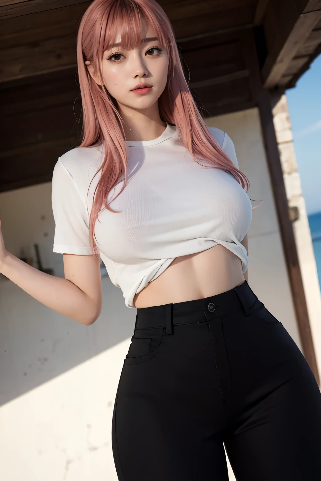 Highest quality、Ultra-high resolution、RAW shooting、Professional Lighting、Detailed Background、coastal、Full Body、Makima、25-year-old female、(High tone cherry pink hair)+(Long Hair)+(bangs)、(Yellow Eyes)、White see-through shirt,(Black trousers:1.5)、Huge breasts that look like they might burst、Modest abdominal muscles、Big Ass、Big thighs、A sloppy smile、Close your mouth、(Sweaty skin)、
